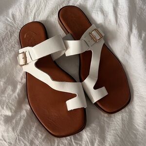 Elegant White Leather Sandals with Gold Buckle